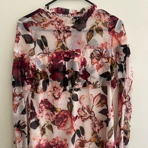 Floral, Mesh, Long-Sleeve Blouse